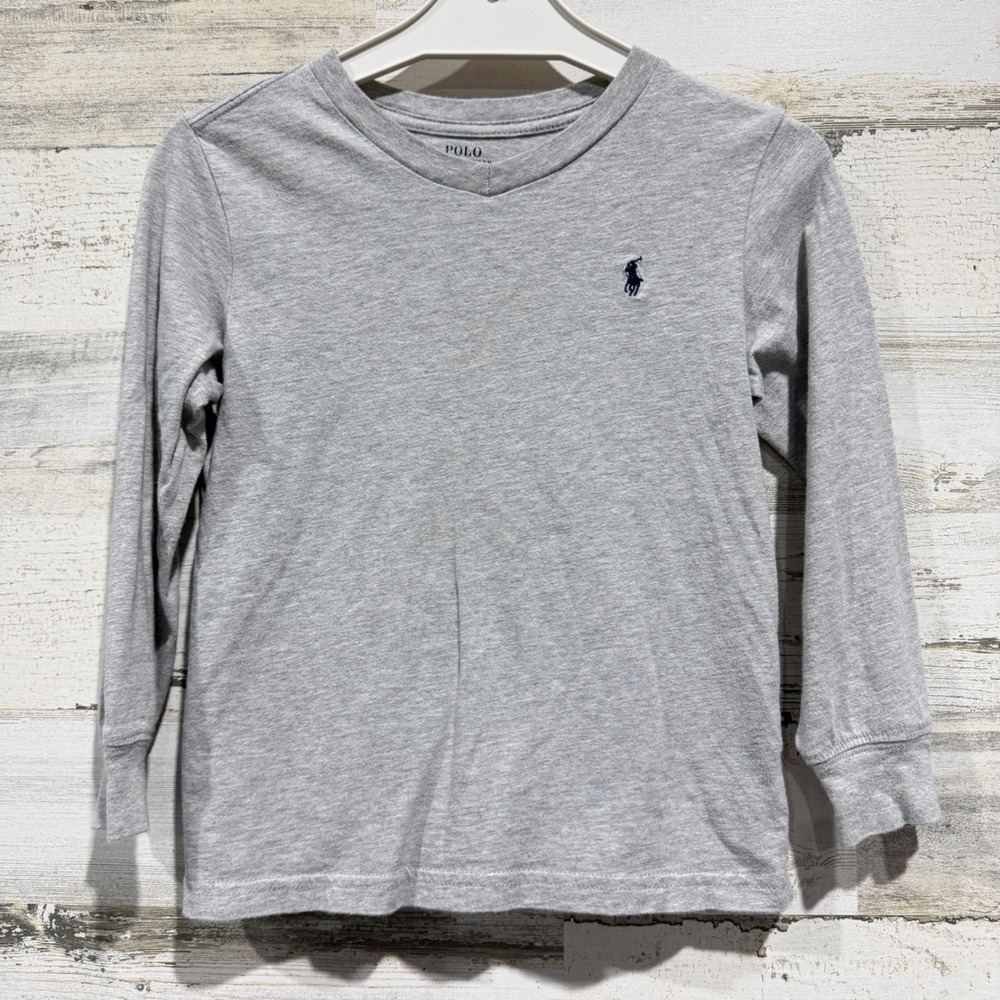 Polo Ralph Lauren T-Shirt Boys 4 Gray Long Sleeve V-Neck Pony Classic *Flawed*